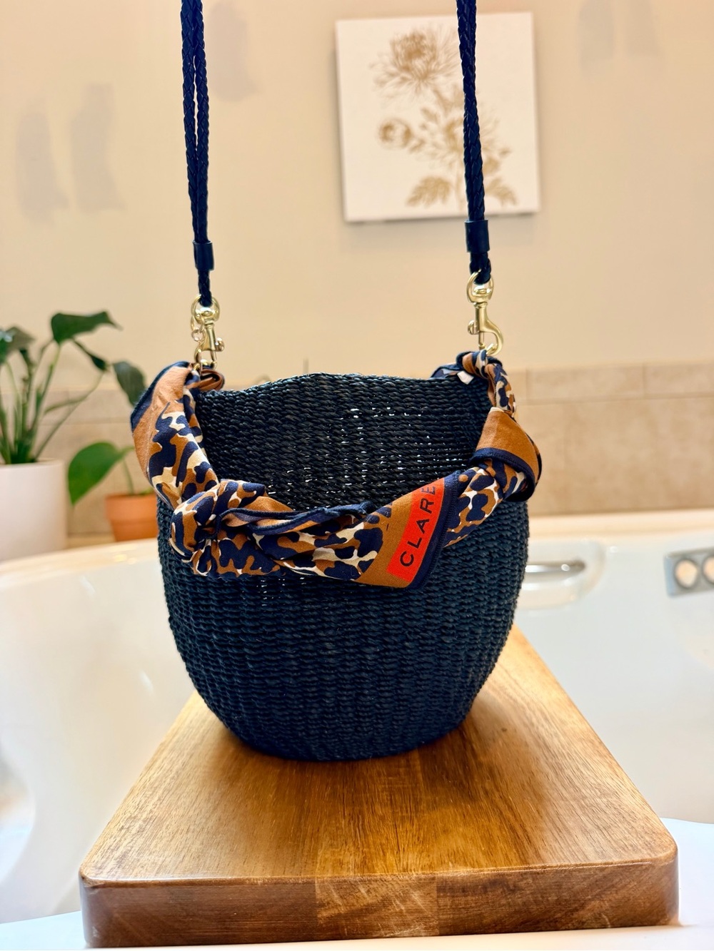 Clare V Pot De Meil with braided shoulder strap and caramel jag bandana NWT $400
